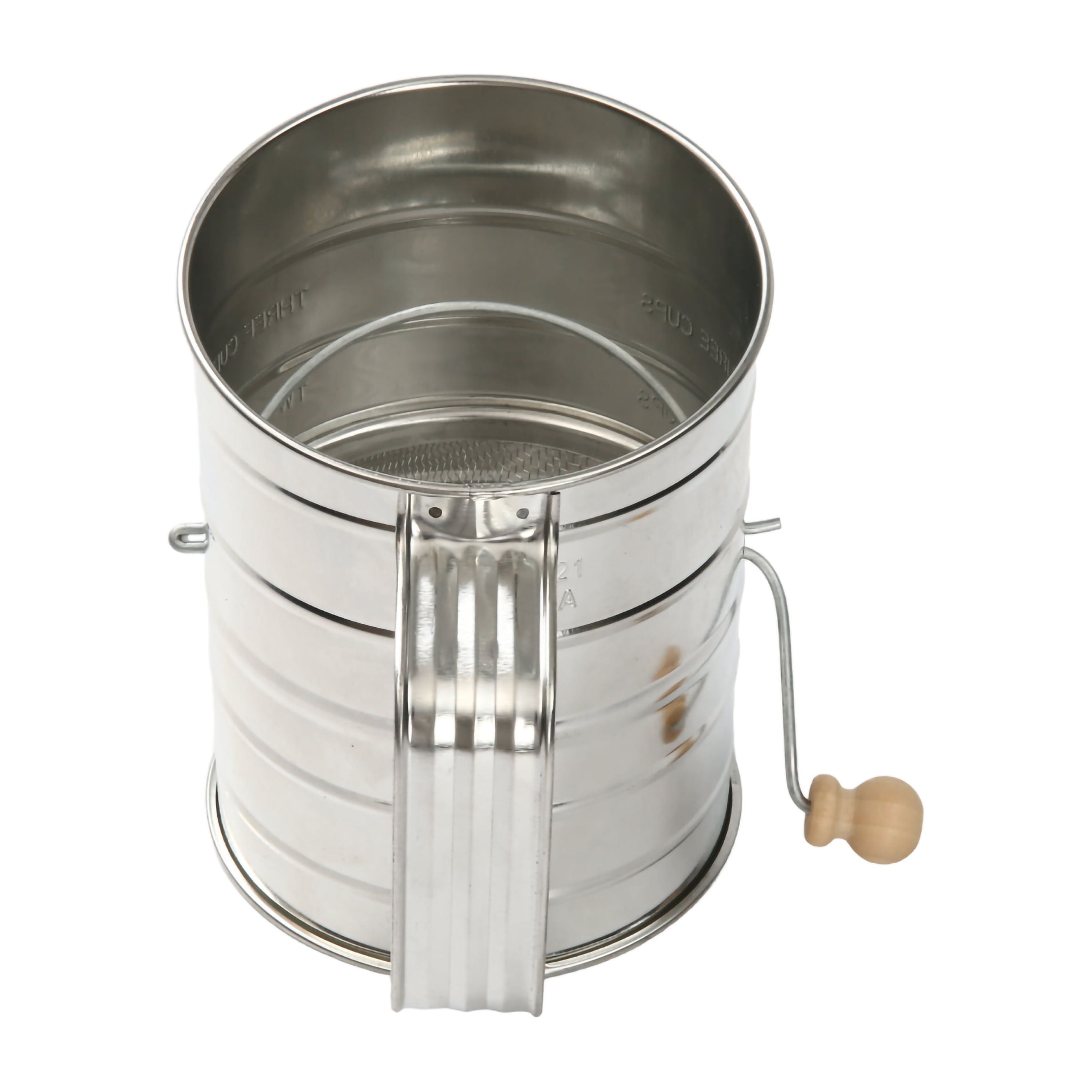 Mainstays Stainless Steel 3 Cup Flour Hand-Crank Sifter with Beechwood Handle Silver - Image 6