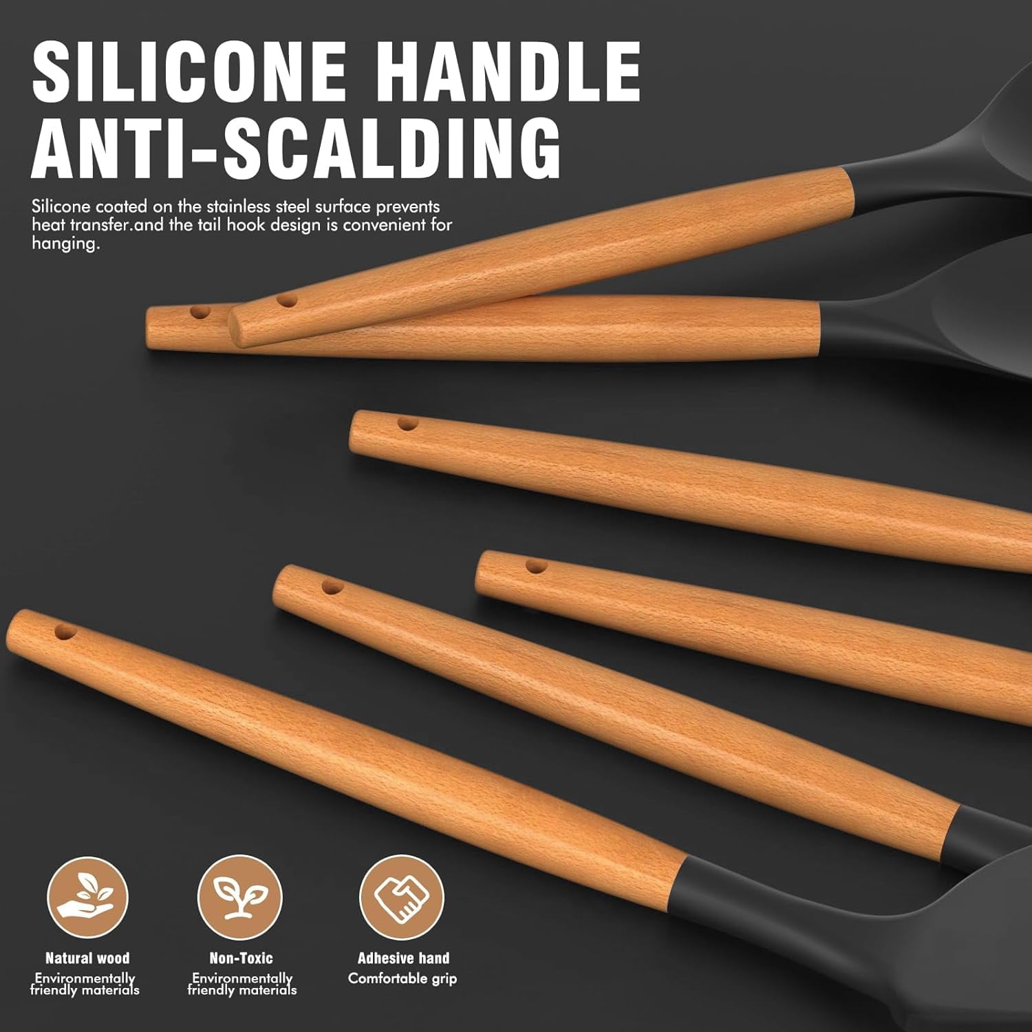 Silicone Cooking Utensils Set - Silicone Kitchen Utensils for Cooking Wooden Handles, 446°F Heat Resistant Kitchen Ut... - Image 2