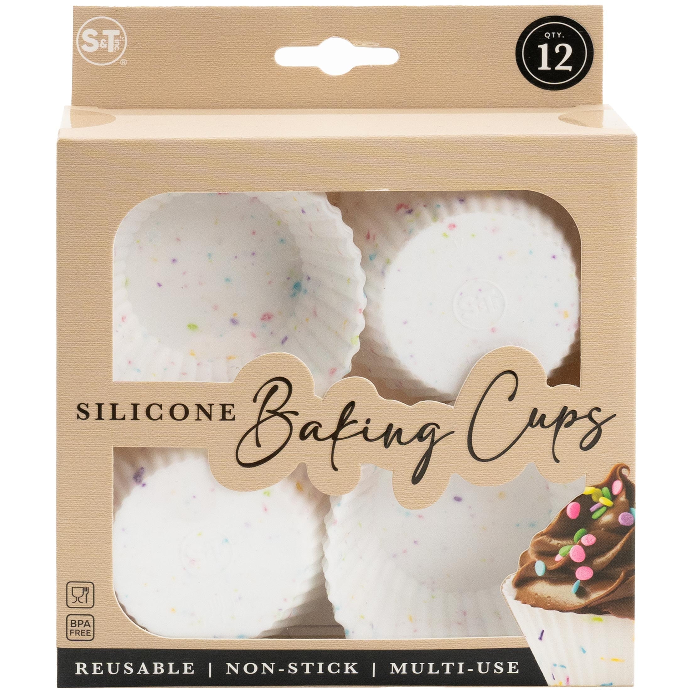 S&T Inc. Reusable Non-Stick Silicone Baking Cups (12 Pack) - Standard Size - Confetti - Image 2