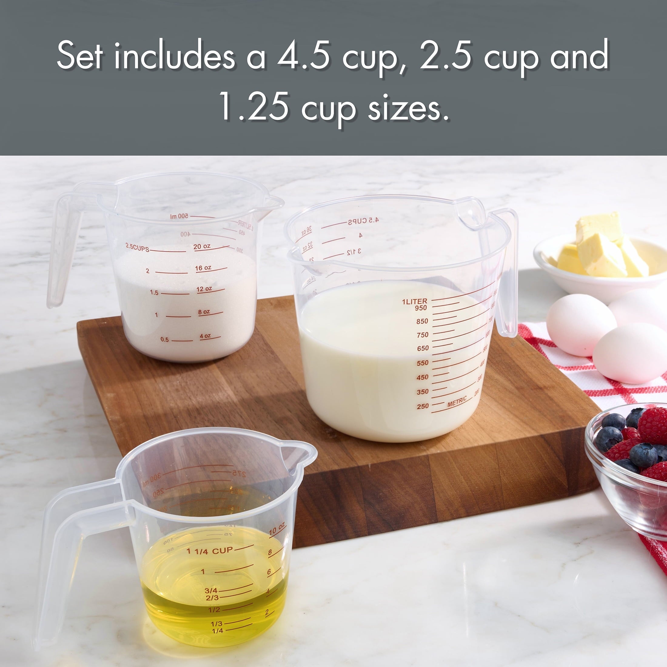 Mainstays 3-Piece Tapered Spout Nesting Plastic Measuring Cups Set, Clear - Image 3