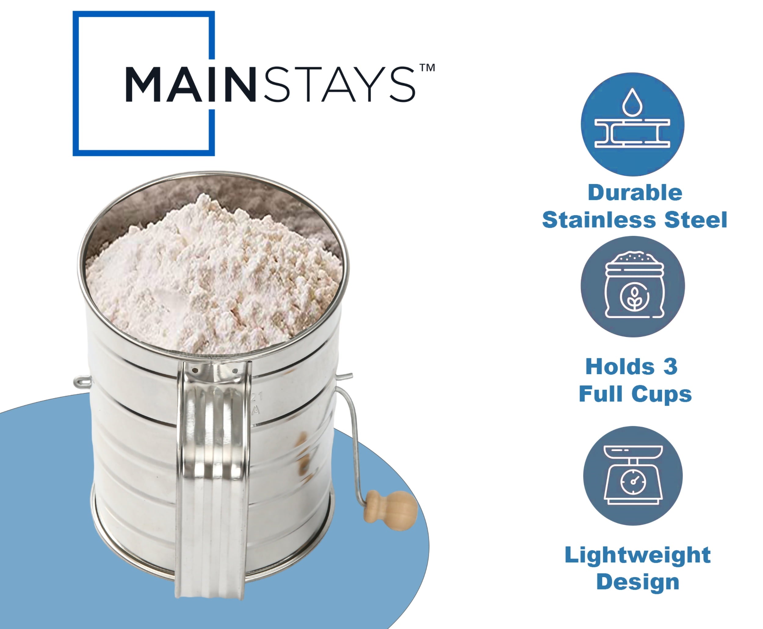 Mainstays Stainless Steel 3 Cup Flour Hand-Crank Sifter with Beechwood Handle Silver - Image 5