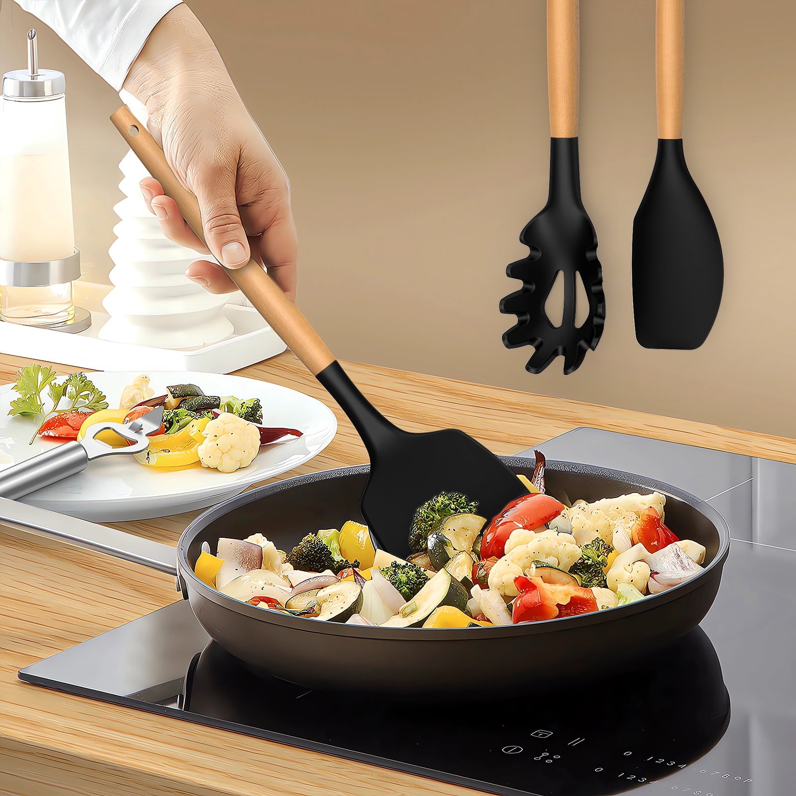 Silicone Cooking Utensils Set - Silicone Kitchen Utensils for Cooking Wooden Handles, 446°F Heat Resistant Kitchen Ut... - Image 4