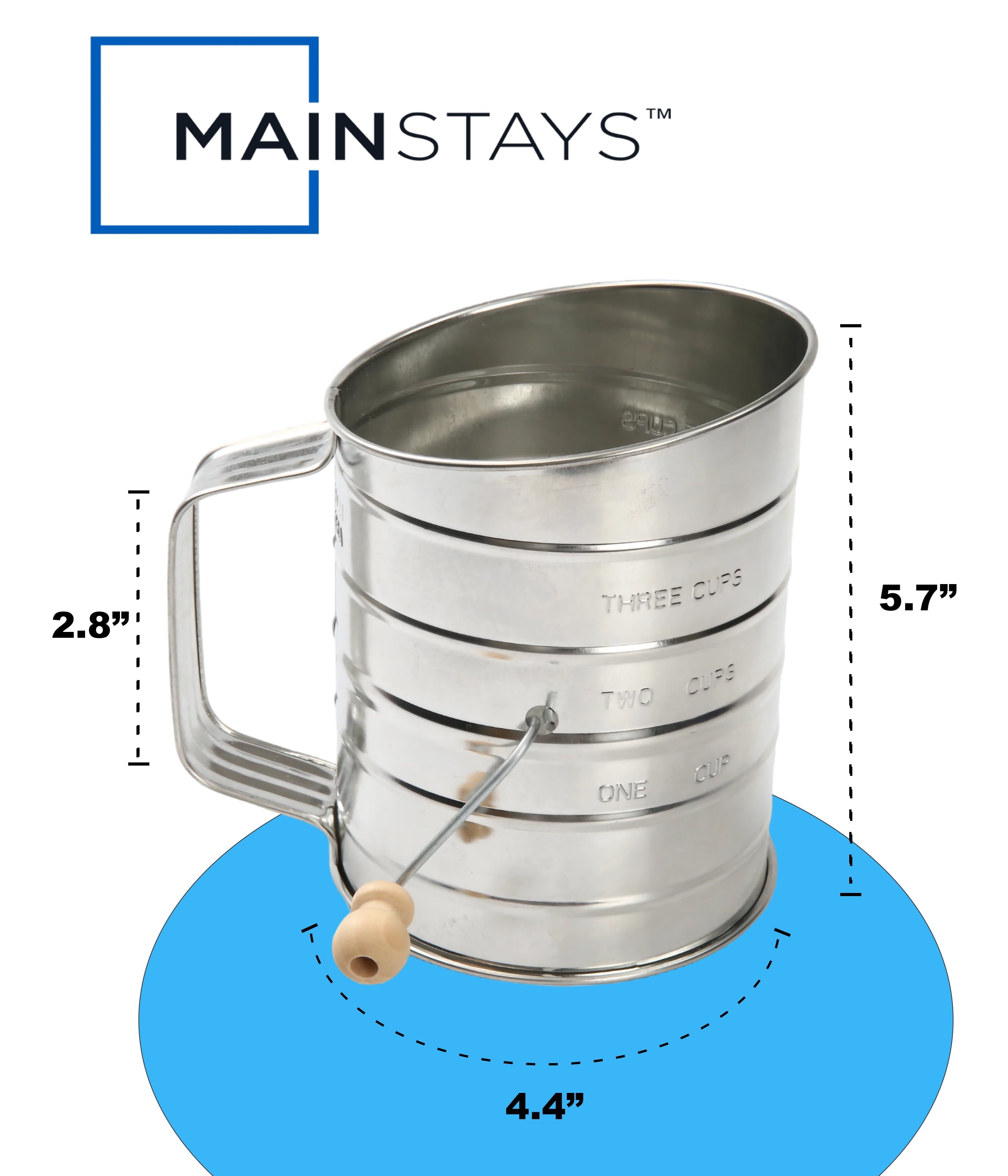Mainstays Stainless Steel 3 Cup Flour Hand-Crank Sifter with Beechwood Handle Silver - Image 3
